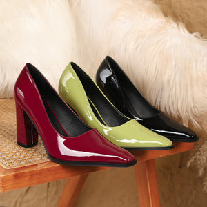 Women's PU patent leather chunky heels pumps