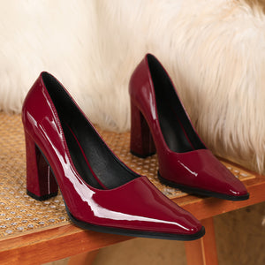 Women's PU patent leather chunky heels pumps