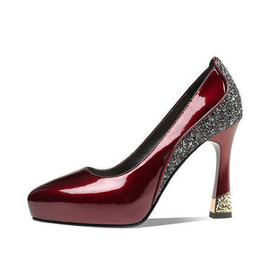 Women's PU patent leather platform pumps with glitter accent for wedding/party