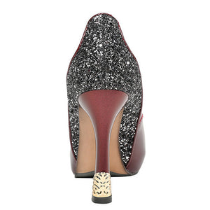burgundy Women's PU patent leather platform pumps with glitter accent for wedding/party