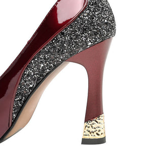 burgundy Women's PU patent leather platform pumps with glitter accent for wedding/party