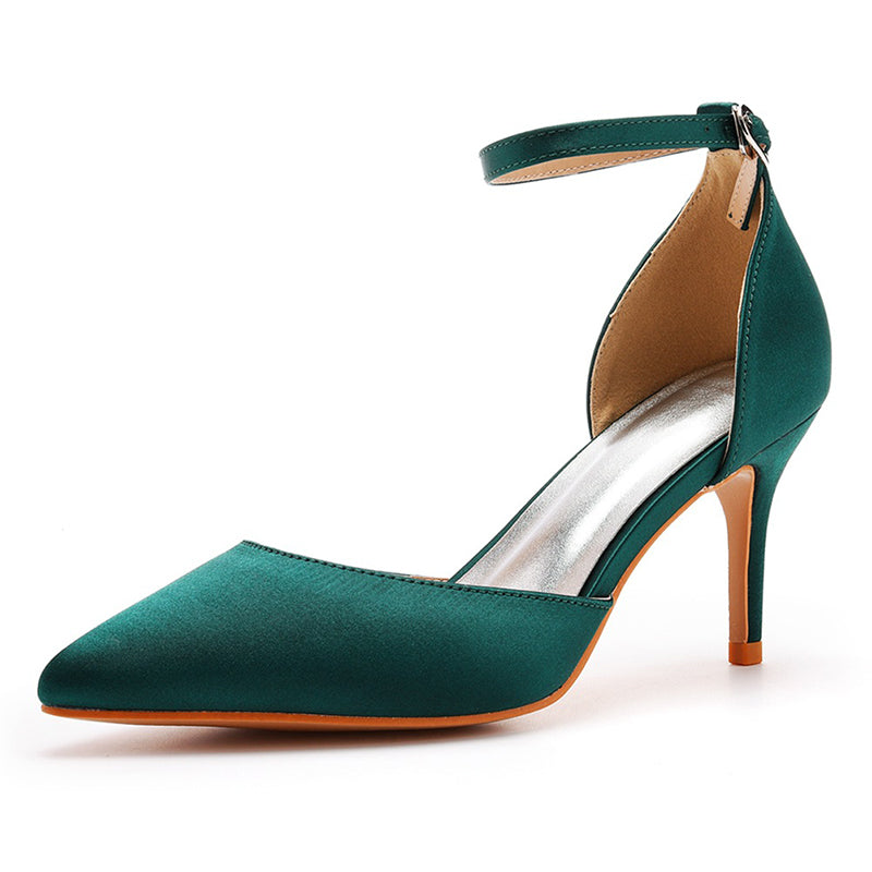 green Women's Silky D'Orsay Stiletto Heels Pumps with Ankle Strap