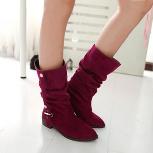 Women's Slouch Buckle Low-Heel Mid-Calf Boots