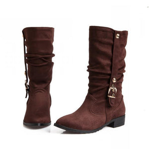 Women's Slouch Buckle Low-Heel Mid-Calf Boots
