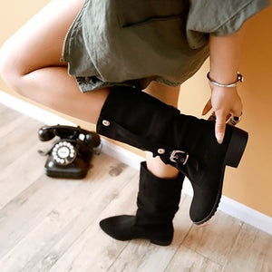 Women's Slouch Buckle Low-Heel Mid-Calf Boots