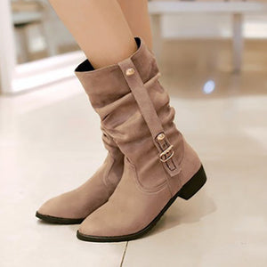 Women's Slouch Buckle Low-Heel Mid-Calf Boots