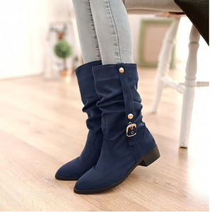 Women's Slouch Buckle Low-Heel Mid-Calf Boots