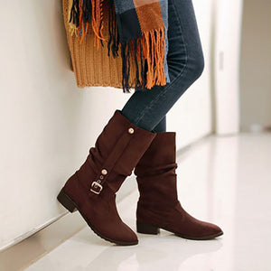 Women's Slouch Buckle Low-Heel Mid-Calf Boots