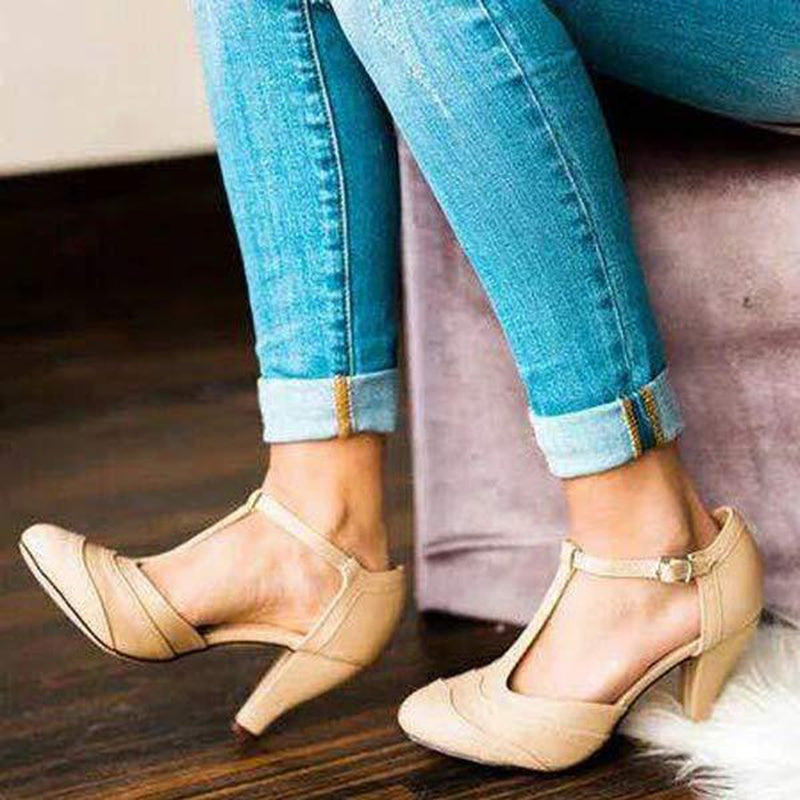 Women's T-strap chunky heels brogues pumps