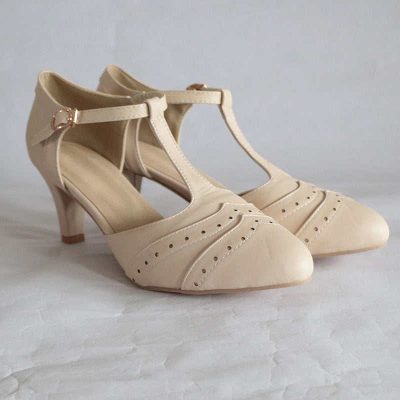 Women's T-strap chunky heels brogues pumps