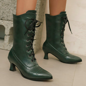 Women's Vintage Lace-Up Mid-Calf Boots – Pointed Toe & Flared Heel