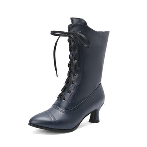 Women's Vintage Lace-Up Mid-Calf Boots – Pointed Toe & Flared Heel