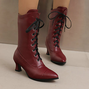 Women's Vintage Lace-Up Mid-Calf Boots – Pointed Toe & Flared Heel