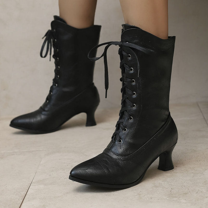 Women's Vintage Lace-Up Mid-Calf Boots – Pointed Toe & Flared Heel