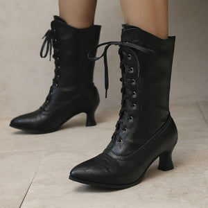 Women's Vintage Lace-Up Mid-Calf Boots – Pointed Toe & Flared Heel