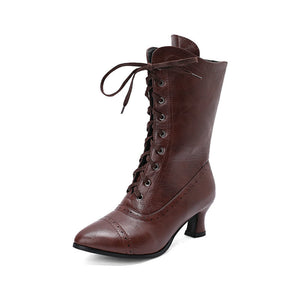 Women's Vintage Lace-Up Mid-Calf Boots – Pointed Toe & Flared Heel