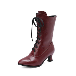 Women's Vintage Lace-Up Mid-Calf Boots – Pointed Toe & Flared Heel