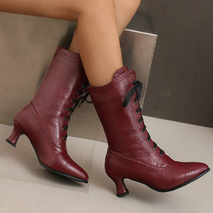 Women's Vintage Lace-Up Mid-Calf Boots – Pointed Toe & Flared Heel