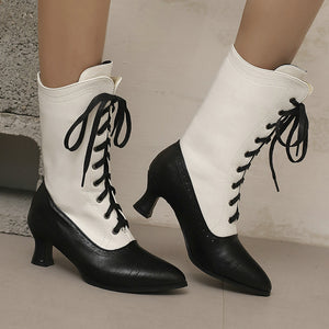 Women's Vintage Lace-Up Mid-Calf Boots – Pointed Toe & Flared Heel