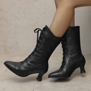 Women's Vintage Lace-Up Mid-Calf Boots – Pointed Toe & Flared Heel