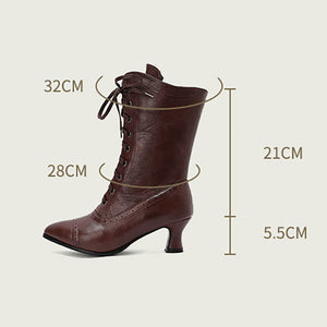 Women's Vintage Lace-Up Mid-Calf Boots – Pointed Toe & Flared Heel