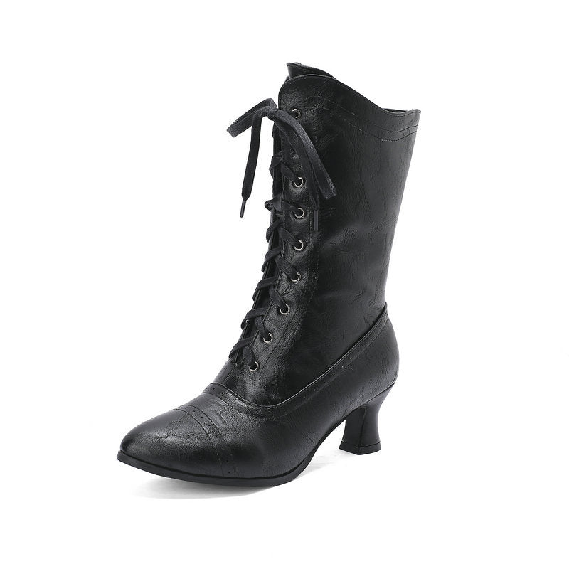 Women's Vintage Lace-Up Mid-Calf Boots – Pointed Toe & Flared Heel