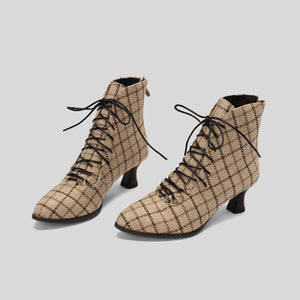 khaki Women's Vintage Faux Suede Lace-Up Victorian Ankle Boots