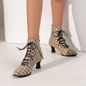 khaki Women's Vintage Faux Suede Lace-Up Victorian Ankle Boots