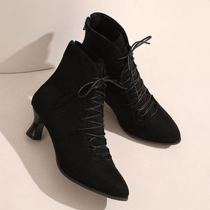 black Women's Vintage Faux Suede Lace-Up Victorian Ankle Boots
