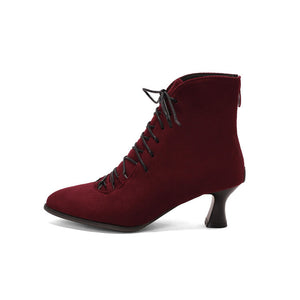 burgundy Women's Vintage Faux Suede Lace-Up Victorian Ankle Boots