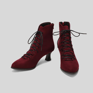 burgundy Women's Vintage Faux Suede Lace-Up Victorian Ankle Boots