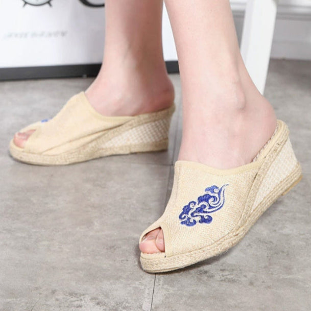 Women's Handmade Vintage Floral Embroidery Espadrille Wedge Slides Peep Toe