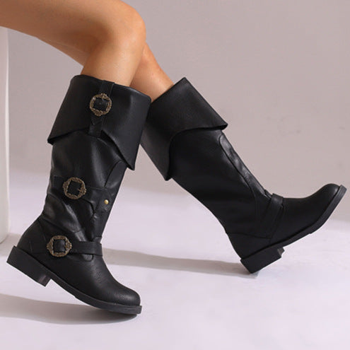 black Women's Vintage Pirate Boots Halloween Costume Cosplay Viking Boots