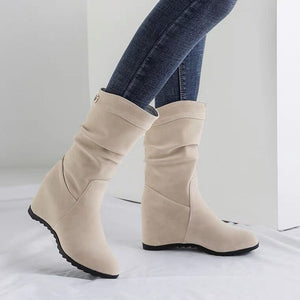 Women's Slouch Mid-Calf Wedge Boots – Faux Suede Pull-On