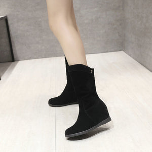 Women's Slouch Mid-Calf Wedge Boots – Faux Suede Pull-On