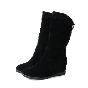 Women's Slouch Mid-Calf Wedge Boots – Faux Suede Pull-On
