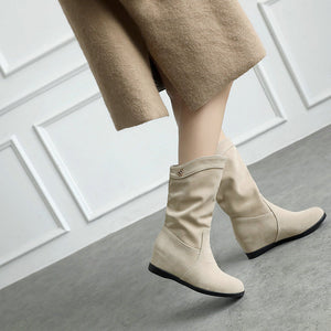 Women's Slouch Mid-Calf Wedge Boots – Faux Suede Pull-On