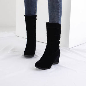 Women's Slouch Mid-Calf Wedge Boots – Faux Suede Pull-On