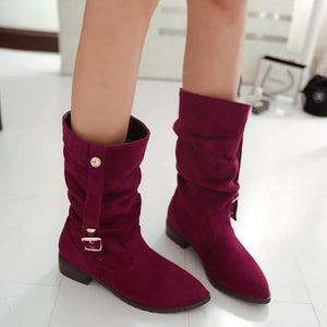 Women's Slouch Buckle Low-Heel Mid-Calf Boots