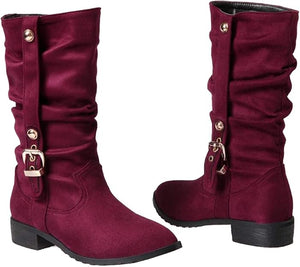 Women's Slouch Buckle Low-Heel Mid-Calf Boots
