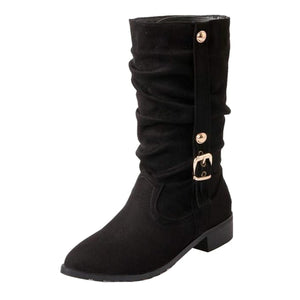 Women's Slouch Buckle Low-Heel Mid-Calf Boots