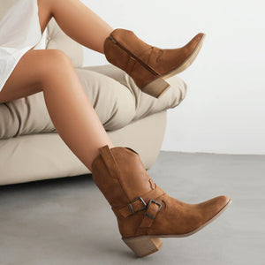 brown Women's buckle strap cross-tied ankle cowboy boots