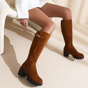 Women's chunky heels knee high riding boots with buckles