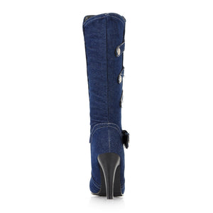 Retro Denim Stiletto Knee-High Boots for Women - Vintage Strap Detail Boots for Everyday Elegance