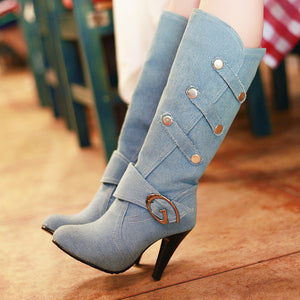 Retro Denim Stiletto Knee-High Boots for Women - Vintage Strap Detail Boots for Everyday Elegance
