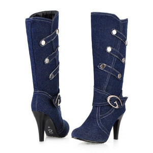 Retro Denim Stiletto Knee-High Boots for Women - Vintage Strap Detail Boots for Everyday Elegance