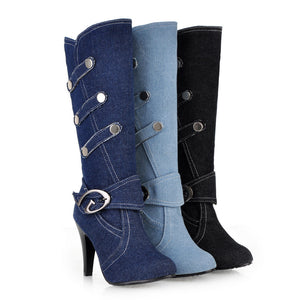 Retro Denim Stiletto Knee-High Boots for Women - Vintage Strap Detail Boots for Everyday Elegance