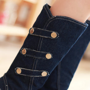Retro Denim Stiletto Knee-High Boots for Women - Vintage Strap Detail Boots for Everyday Elegance