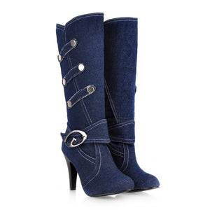 Retro Denim Stiletto Knee-High Boots for Women - Vintage Strap Detail Boots for Everyday Elegance