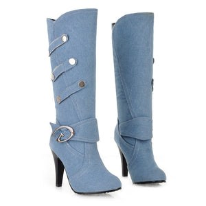 Retro Denim Stiletto Knee-High Boots for Women - Vintage Strap Detail Boots for Everyday Elegance